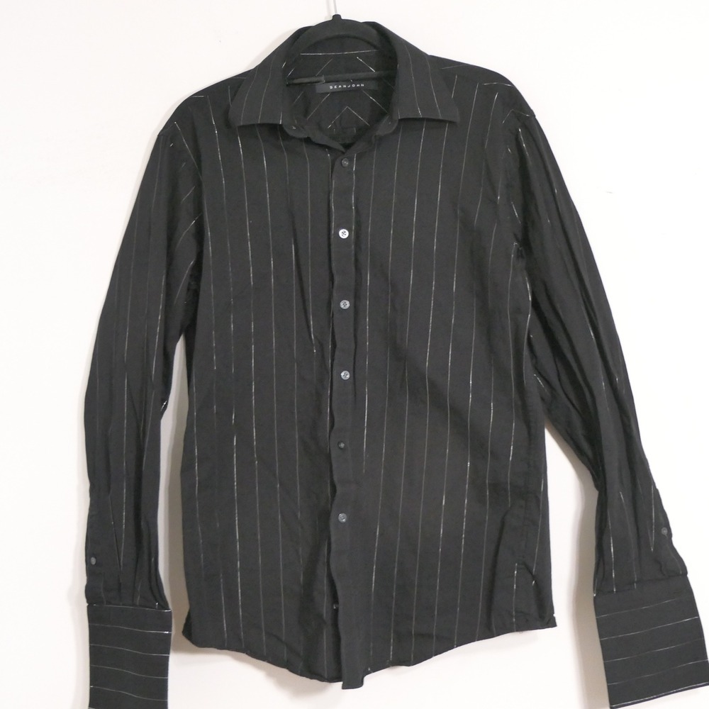 Sean John Mens Dress Shirt 15.5 34/35 Black Silver Stripe French Cuff Blokecore